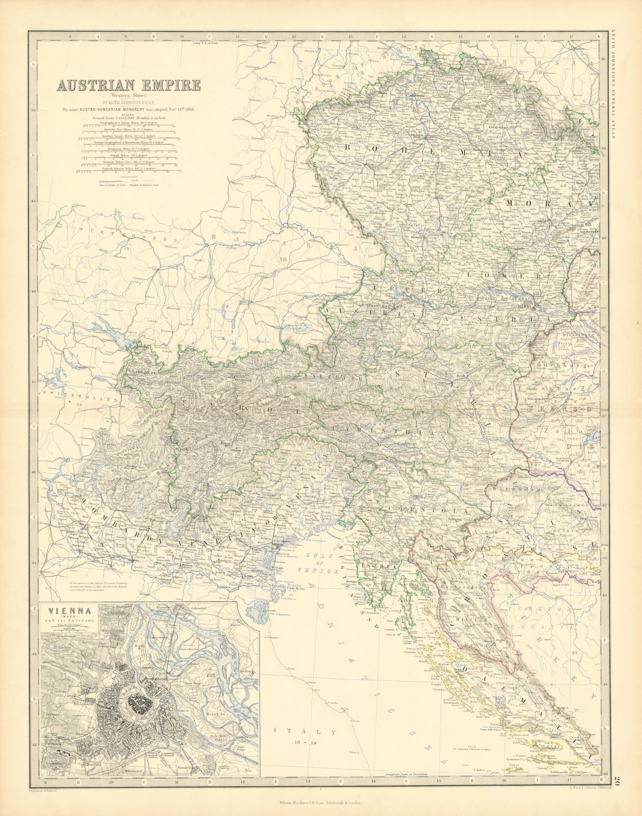 Austro-Hungarian Monarchy (West) Vienna Austria. 50x60cm. JOHNSTON 1876 map